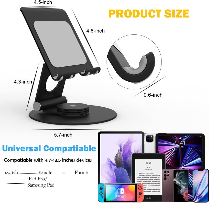 KABCON Swivel Tablet Stand, Aluminum Portable 360°Rotating Holder for Desk,Business,Kitchen,Desktop,Table Stand for iPad Pro 9.7,10.5,12.9/Air Mini,Tab,Fire,Nexus,E-Reader-Black - Image 2